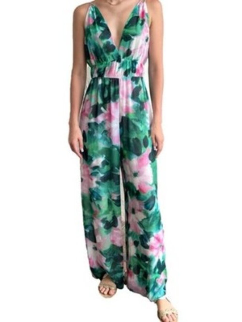 NWT ZARA Green/Pink/Ivory Floral Wide Leg Jumpsuit Women's Size S